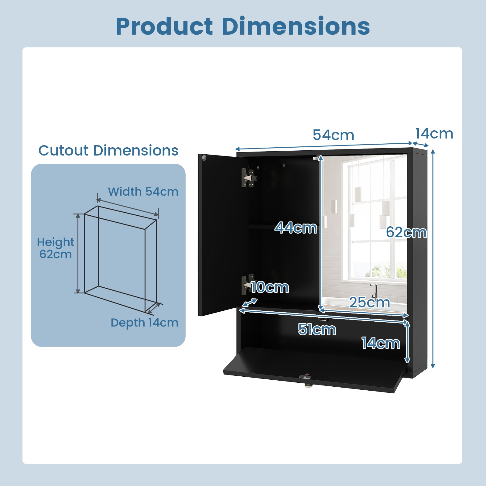 Wall-Mounted Bathroom Cabinet with Mirror and Adjustable Shelf and Flip-Open Compartment-Black