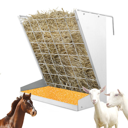 Wall-Mounted Hay Rack with Trough 2-in-1 Feeder with Adjustable Hooks-Silver