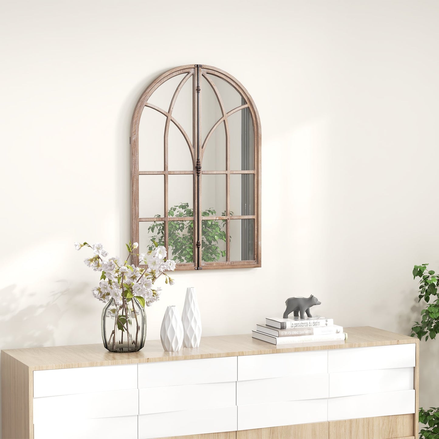 Wall Mounted Arched Window Pane Mirror-Natural