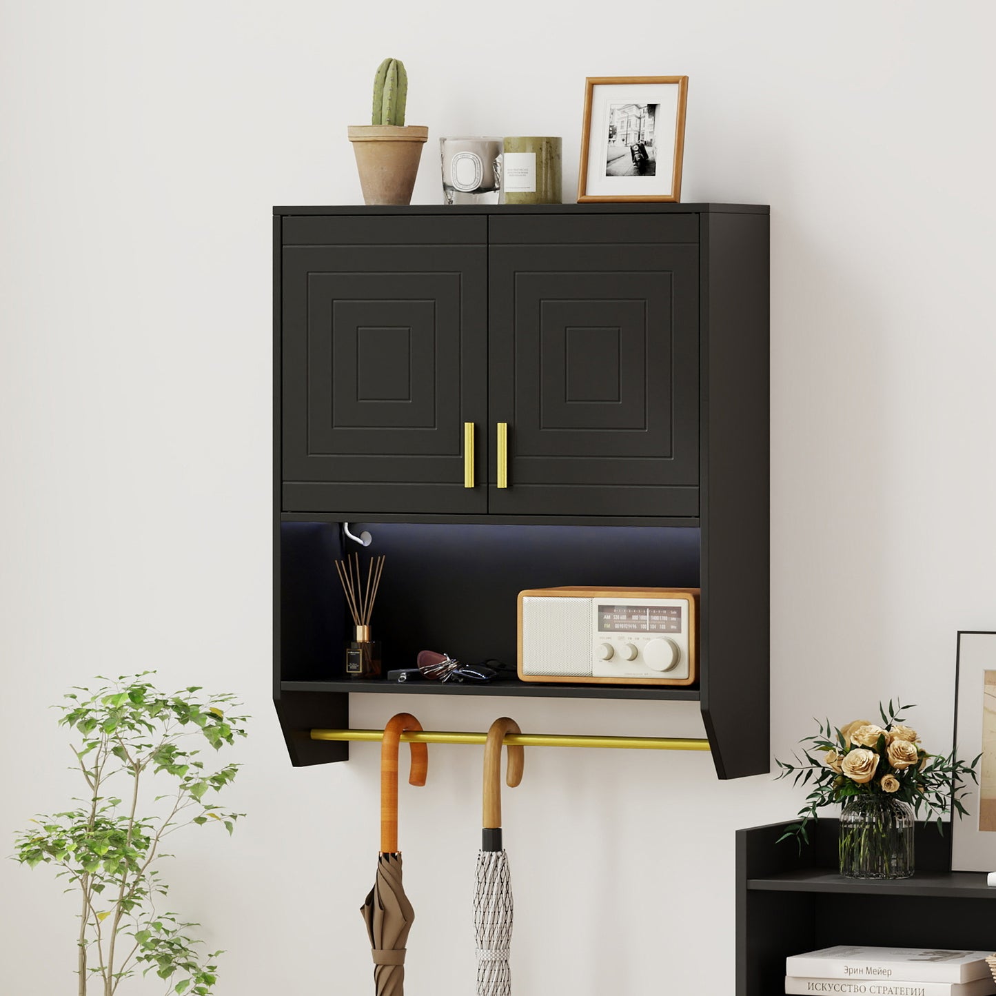 Wall Mounted Bathroom Cabinet Over the Toilet Storage Cabinet with 3-Color Lights-Black