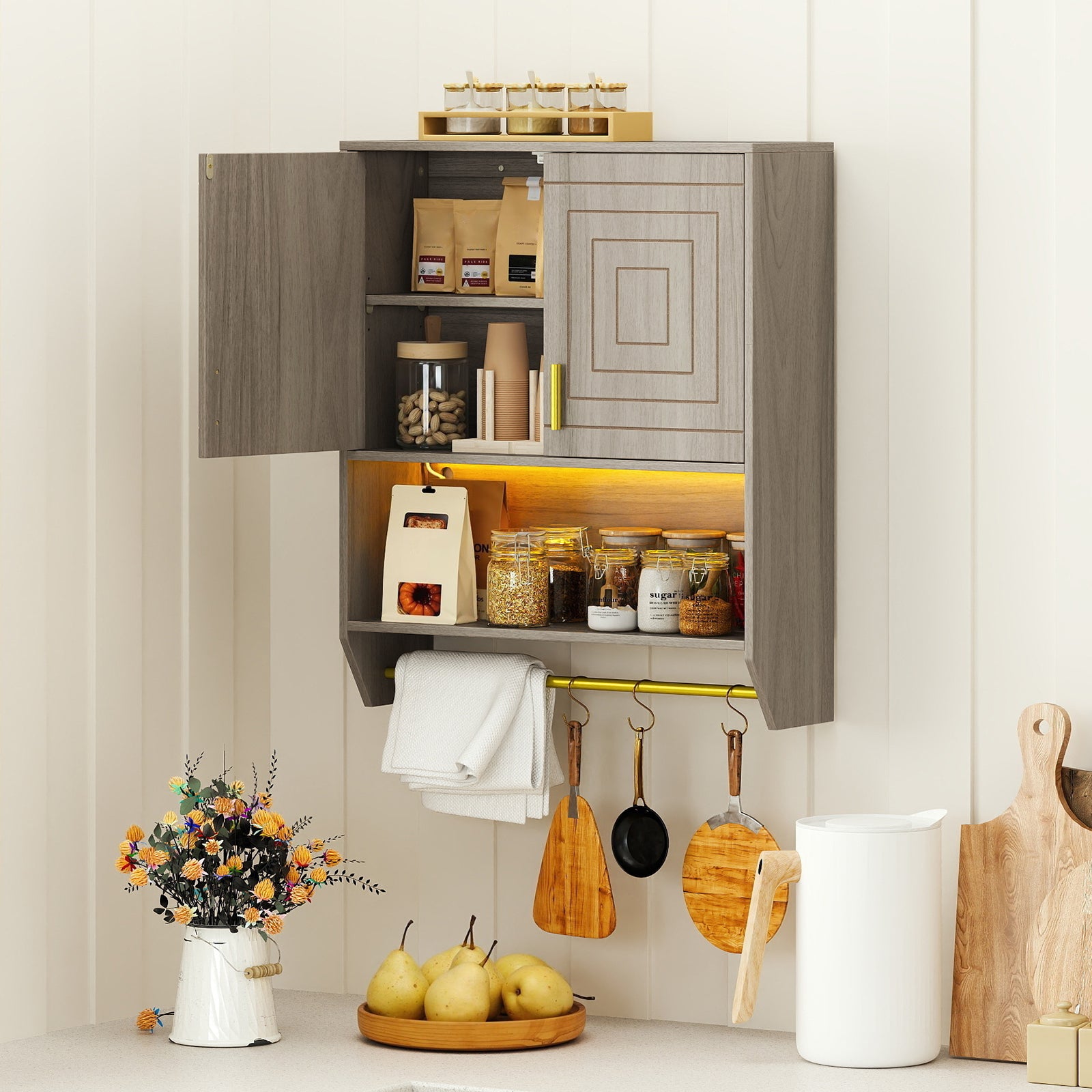 Wall Mounted Bathroom Cabinet Over the Toilet Storage Cabinet with 3-Color Lights-Grey