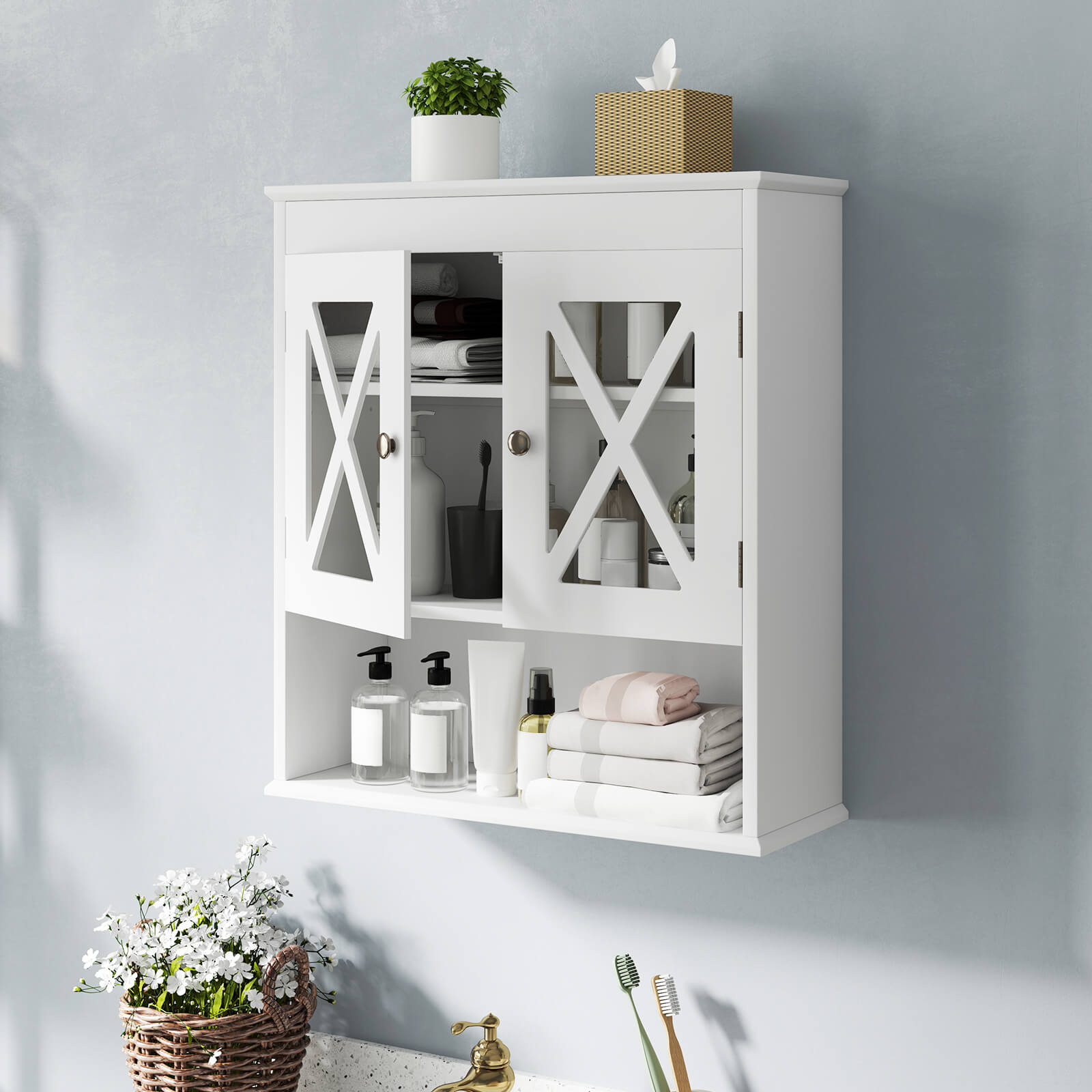 Wall Mounted Bathroom Cabinet with with 2 Acrylic Doors Medicine Cabinet-White