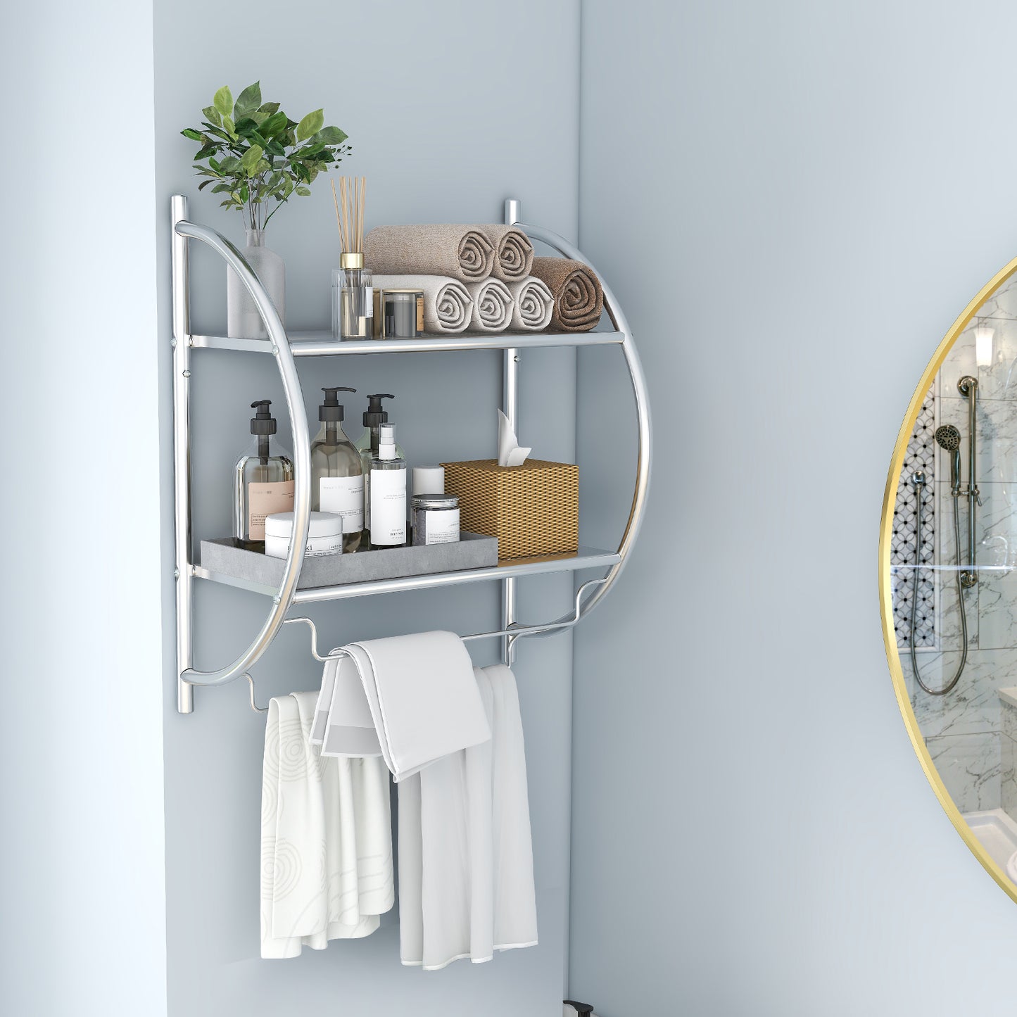 Wall Mounted Bathroom Shelves with Towel Holder-Silver
