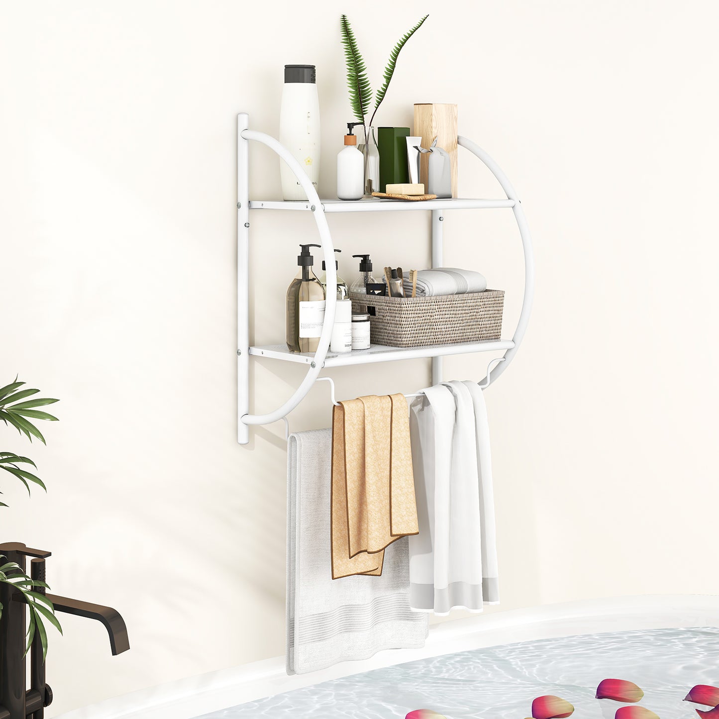 Wall Mounted Bathroom Shelves with Towel Holder-White