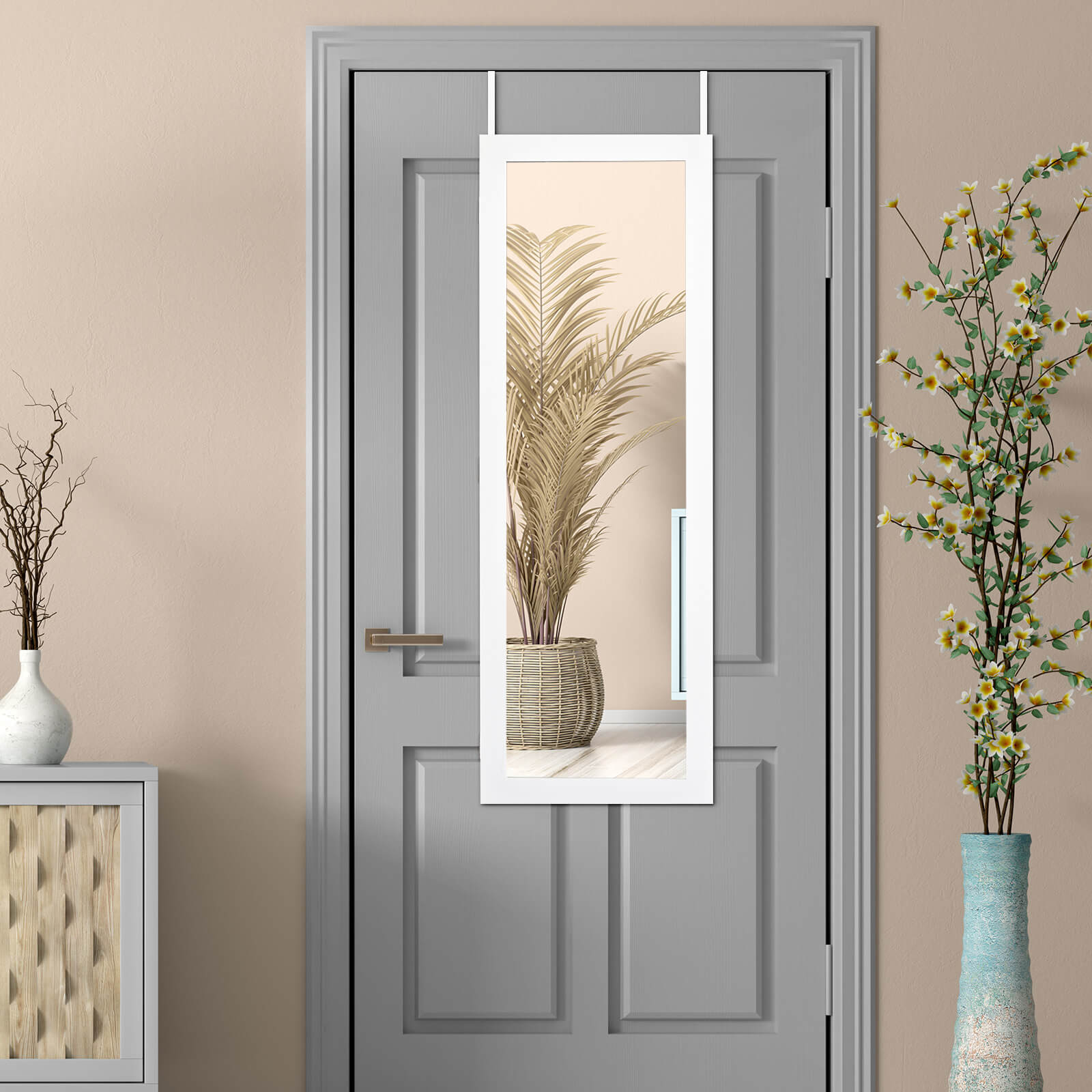 Wall Mounted Jewelry Armoire with Built-in Mirror and 3 Shelves -White
