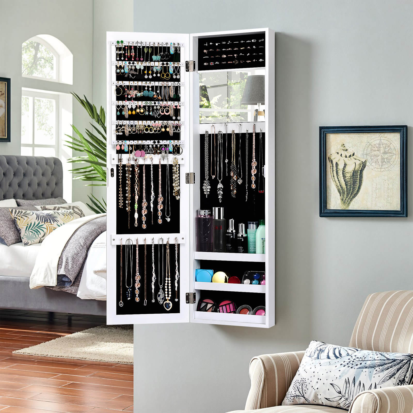 Wall Mounted Jewelry Armoire with Built-in Mirror and 3 Shelves -White