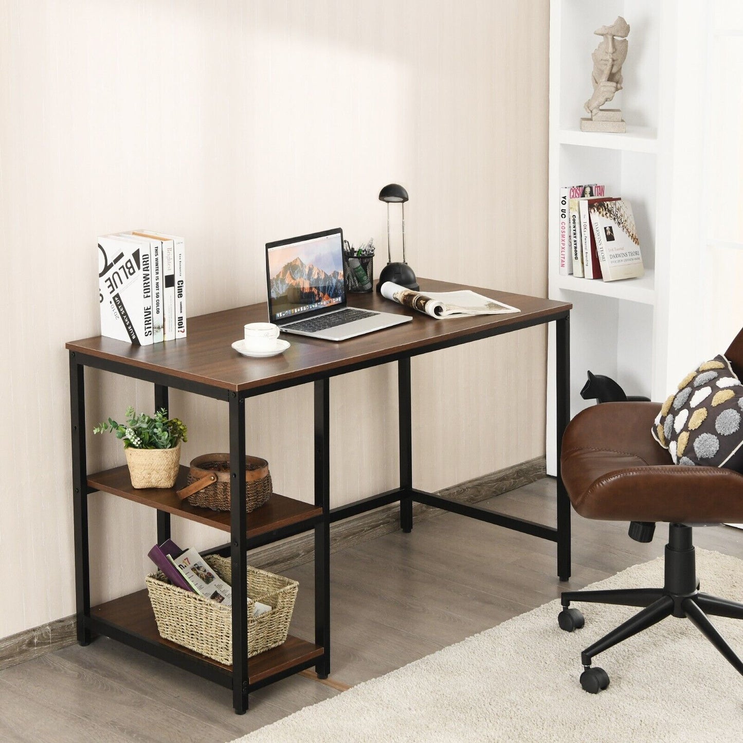 Industrial Computer Desk with Storage Sheves-Walnut