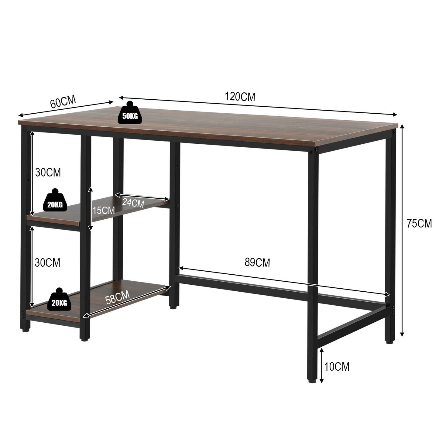 Industrial Computer Desk with Storage Sheves-Walnut