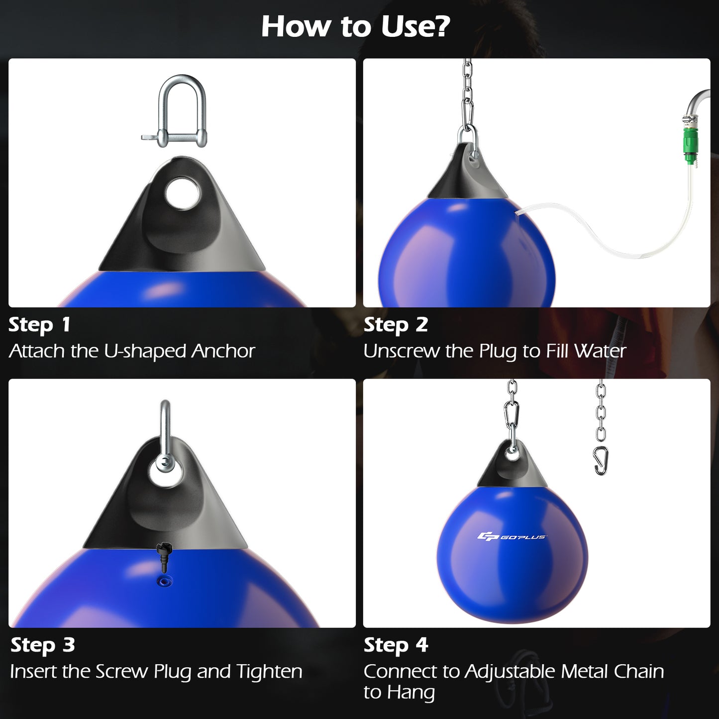 Water Punching Bag with Water Injector and Hanging Accessories-Blue