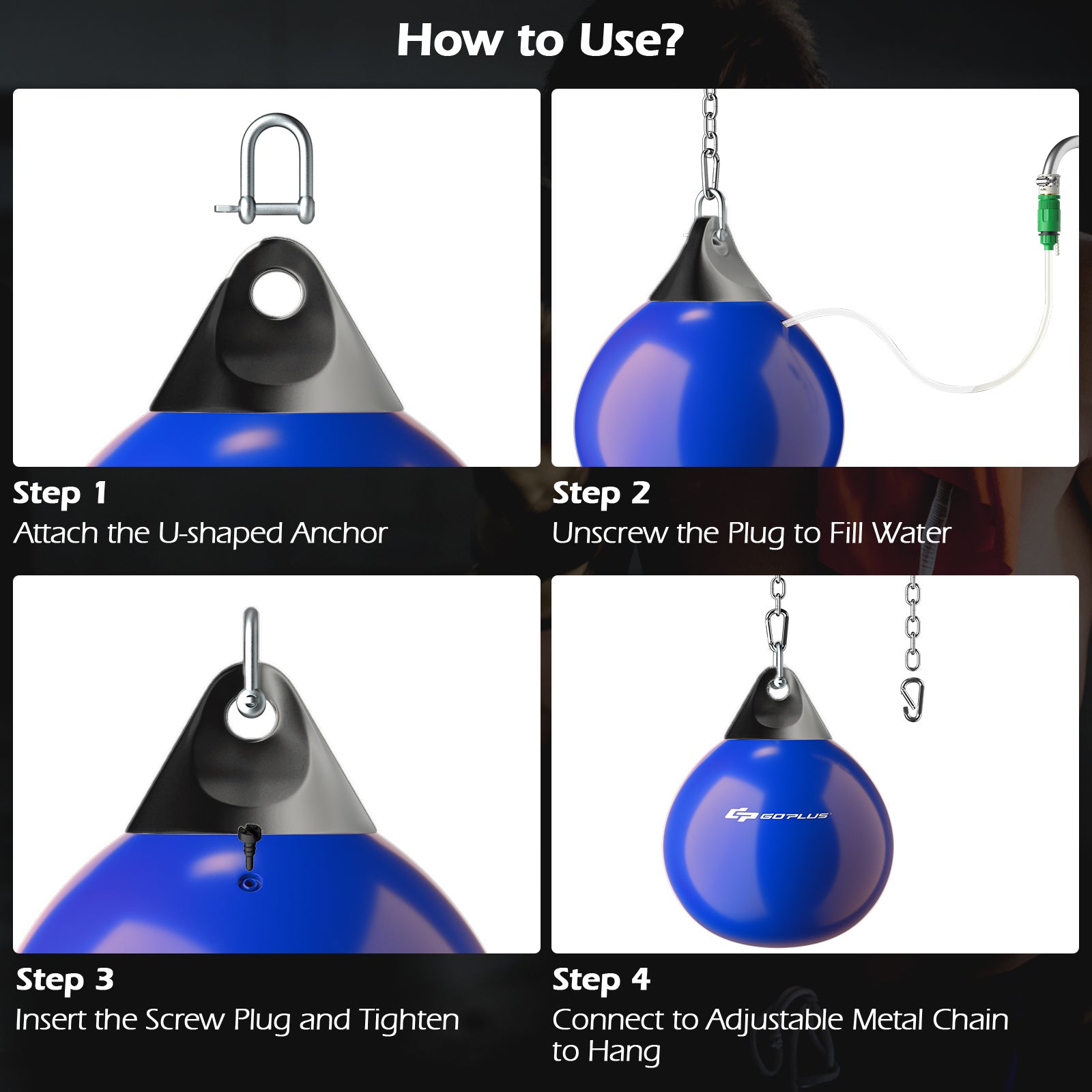 Water Punching Bag with Water Injector and Hanging Accessories-Blue