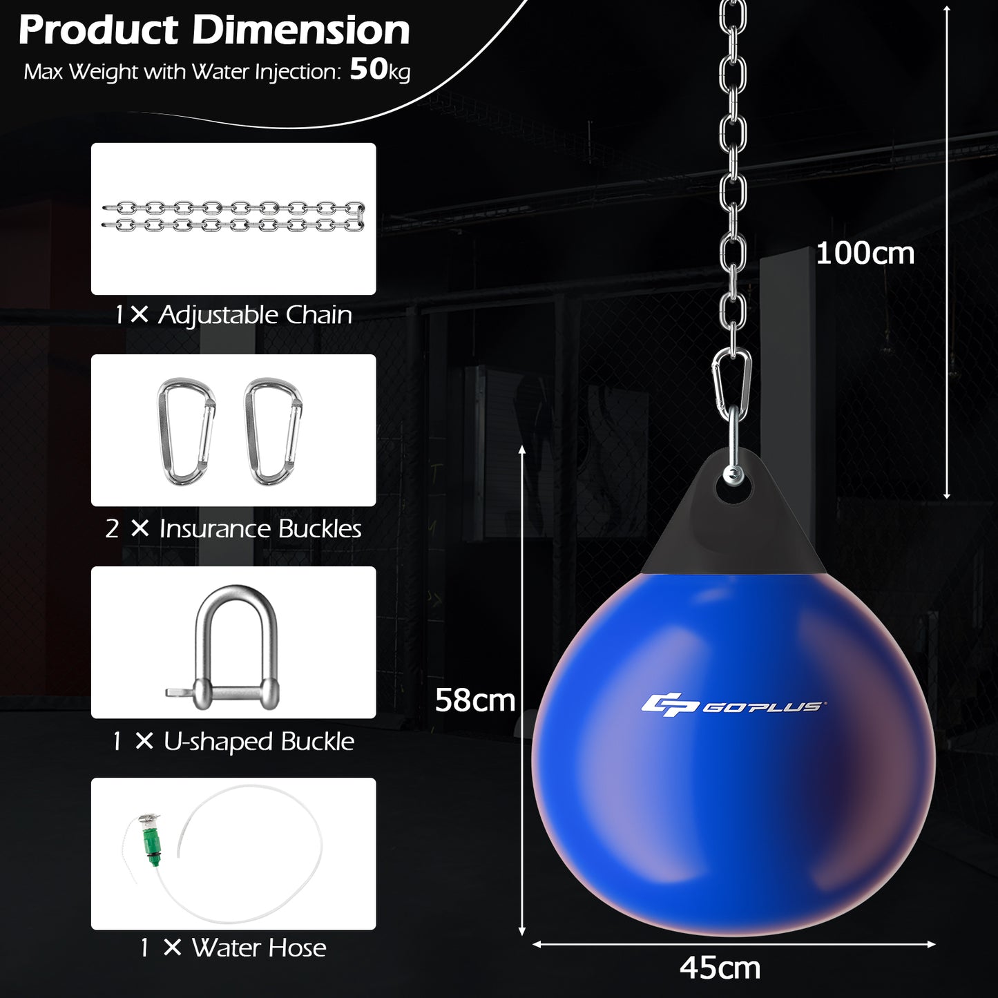 Water Punching Bag with Water Injector and Hanging Accessories-Blue