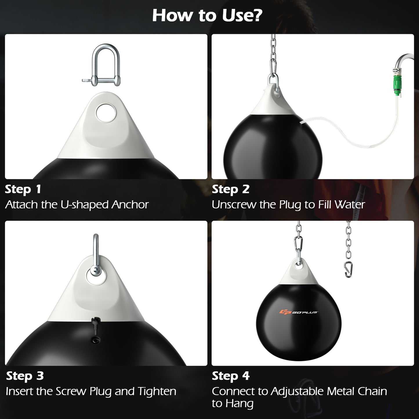 Water Punching Bag with Water Injector and Hanging Accessories-Black