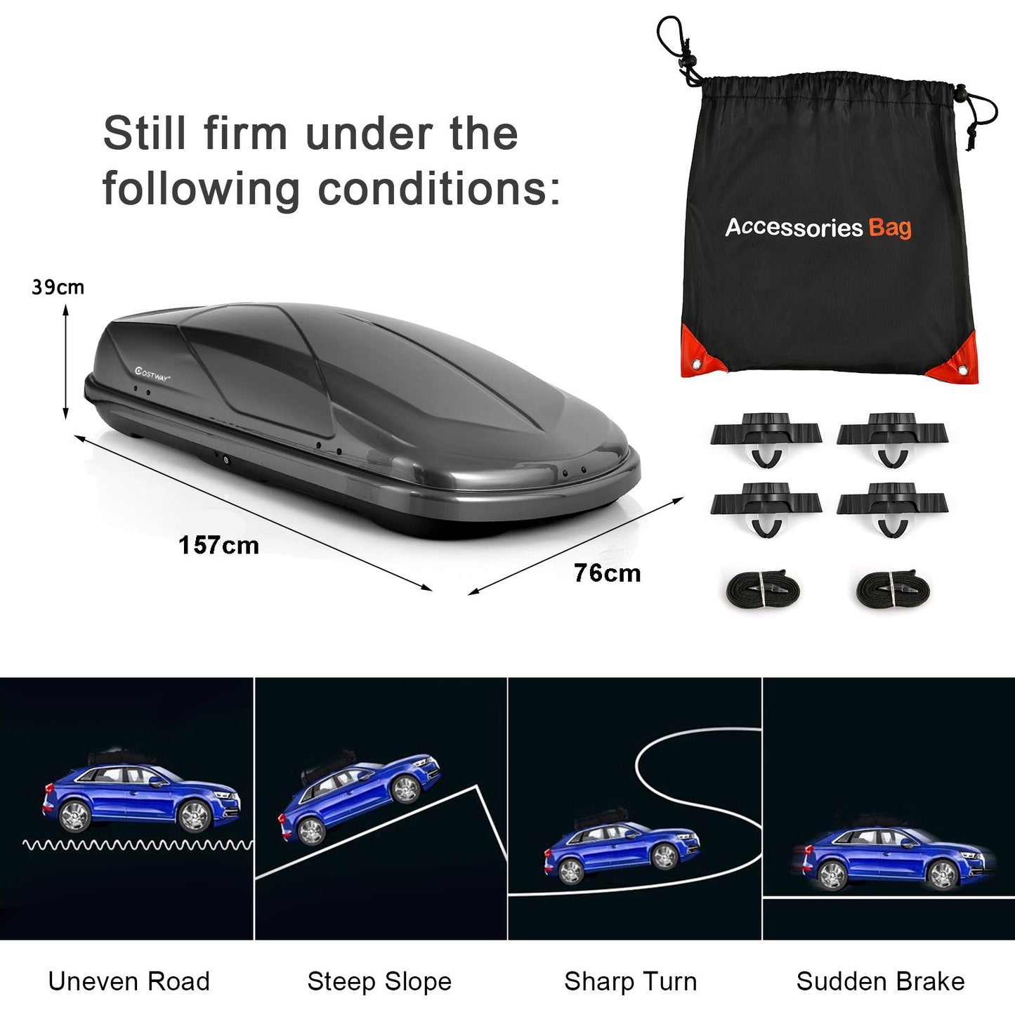 400L Car Rooftop Cargo Box with Security Keys and Dual Side Opening-Grey