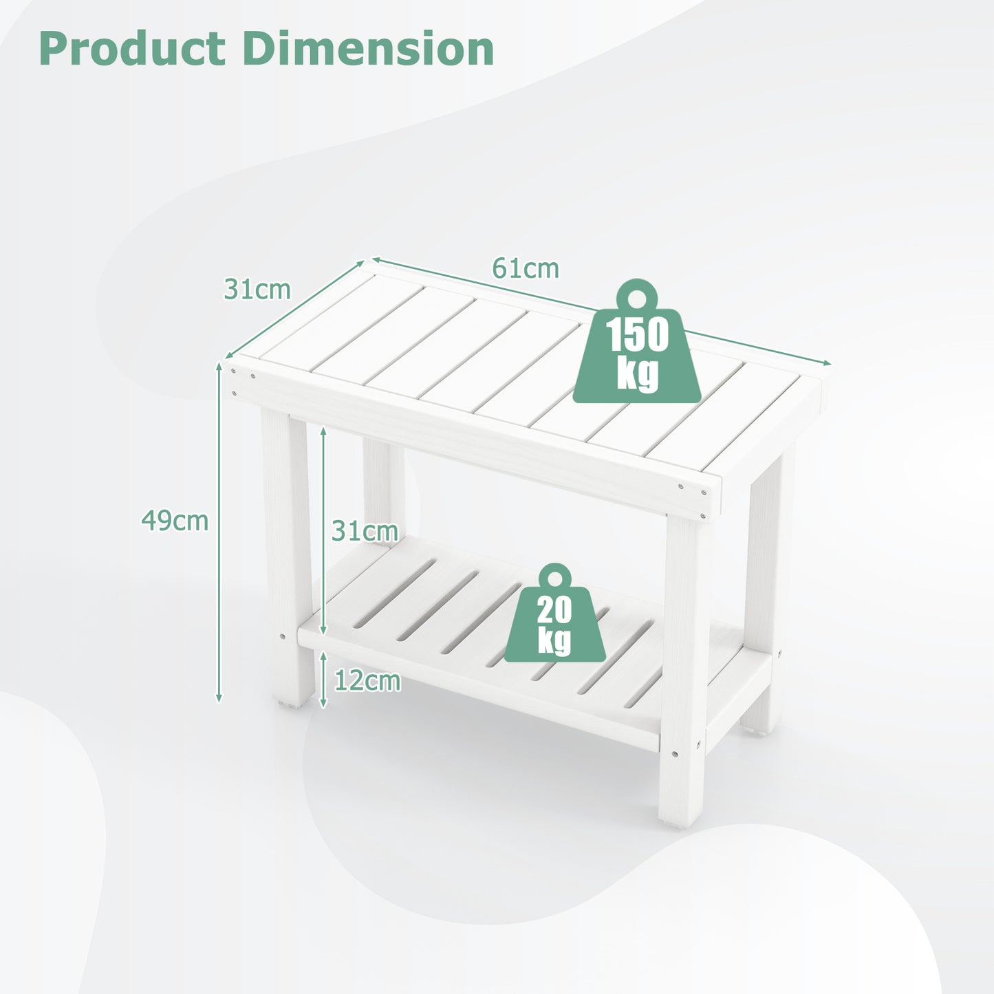 2-Tier Waterproof HDPE Bathroom Shower Stool with Storage Shelf-White