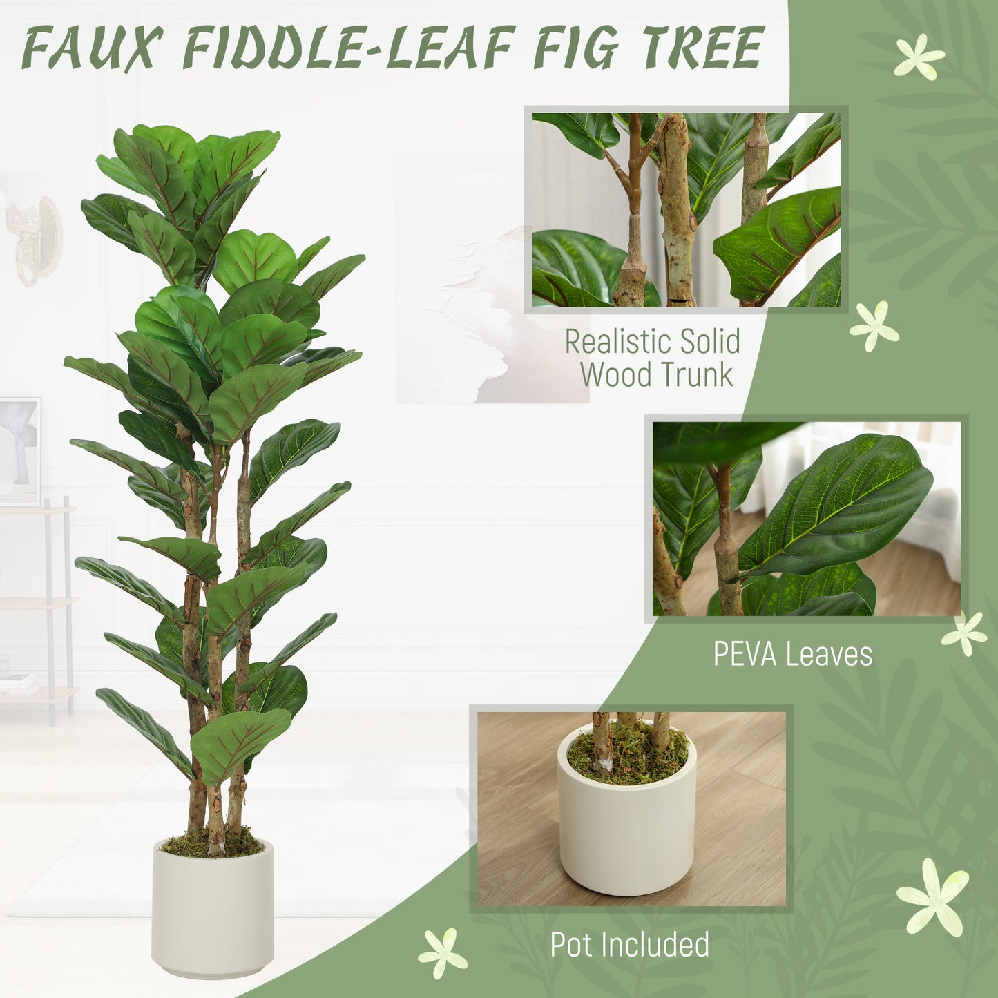 HOMCOM 120cm Set of 2 Artificial Fiddle Leaf Fig Trees - Green