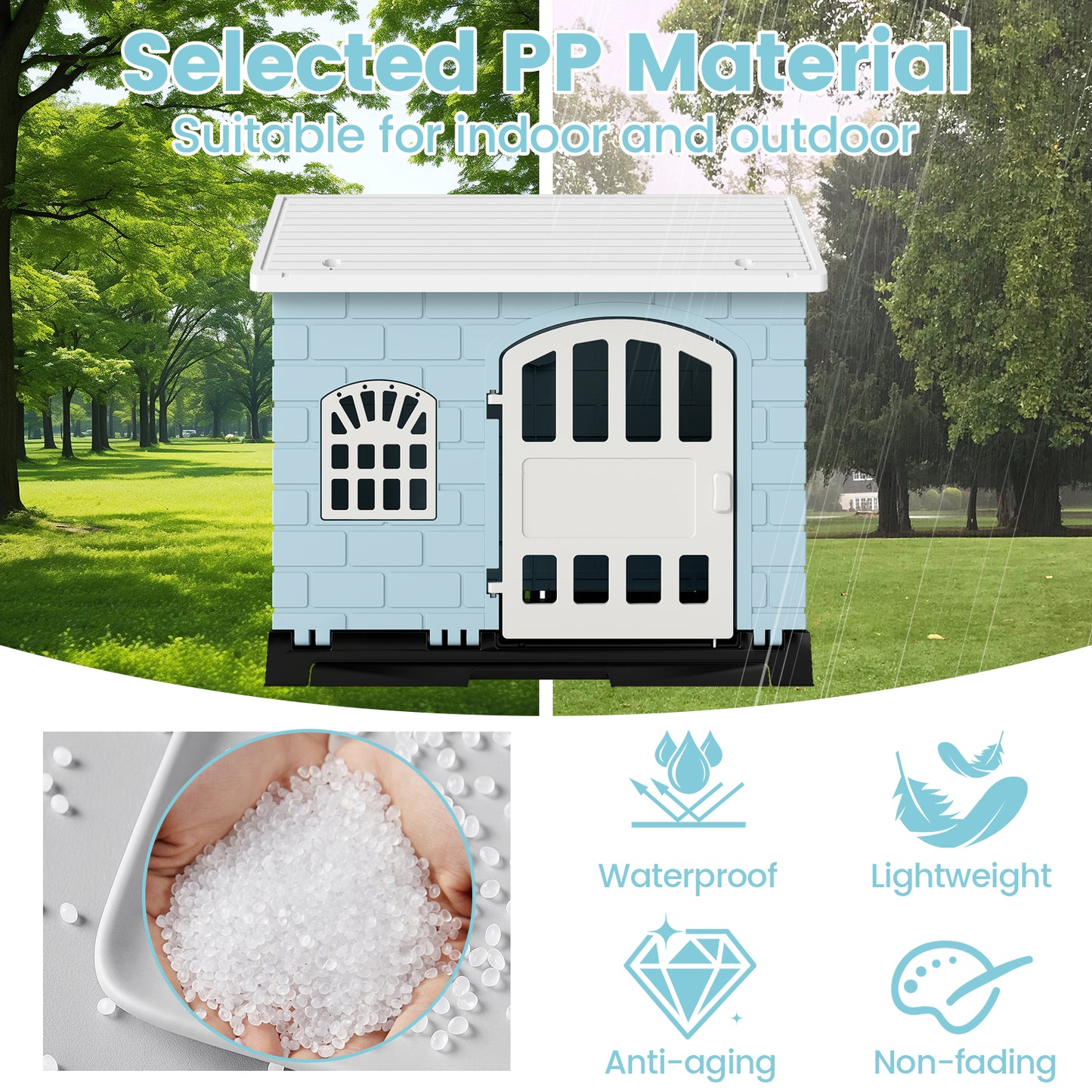 Weatherproof Pet Shelter with Removable Toilet Tray-Light Blue
