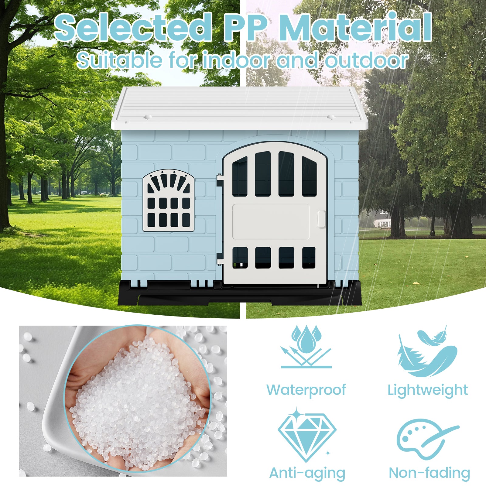 Weatherproof Pet Shelter with Removable Toilet Tray-Light Blue