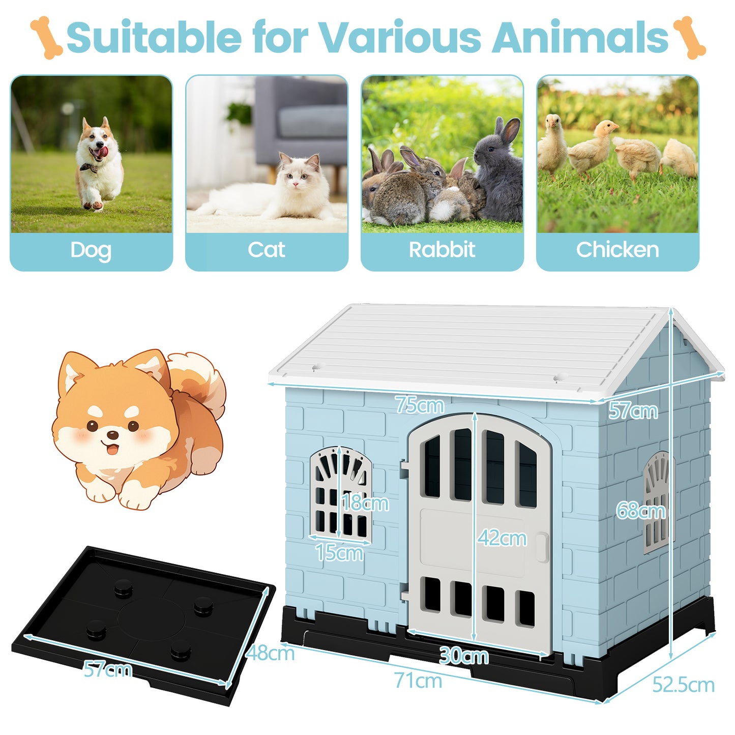 Weatherproof Pet Shelter with Removable Toilet Tray-Light Blue