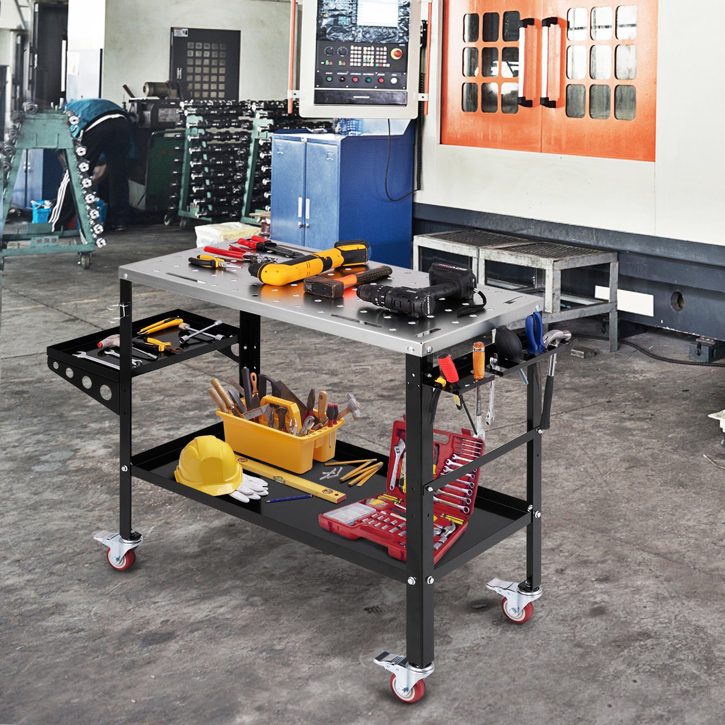 Welding Table Workbench on Wheels with Tool Rack and Tray-Black