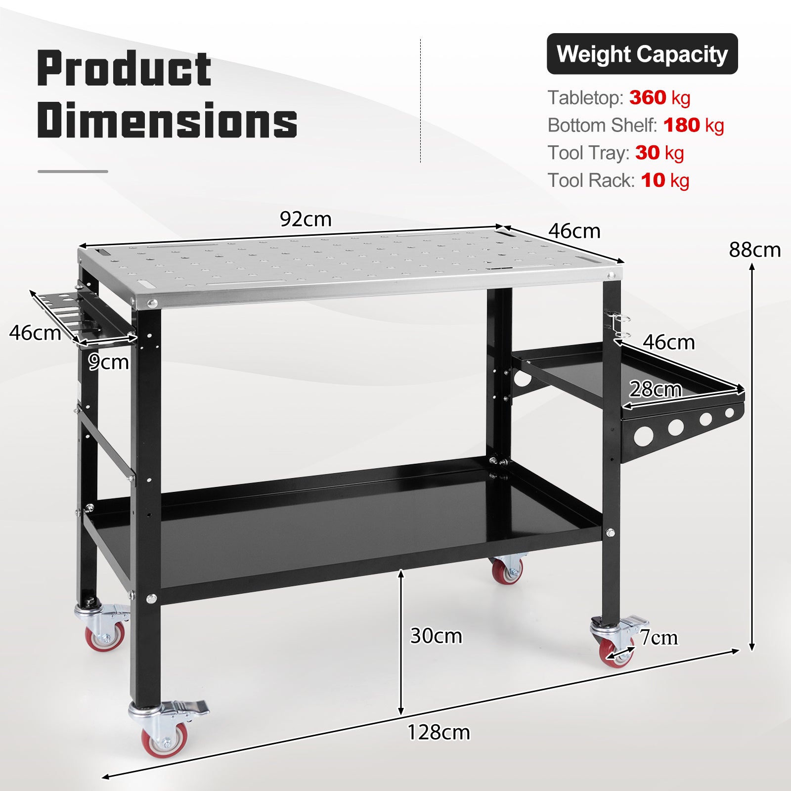 Welding Table Workbench on Wheels with Tool Rack and Tray-Black