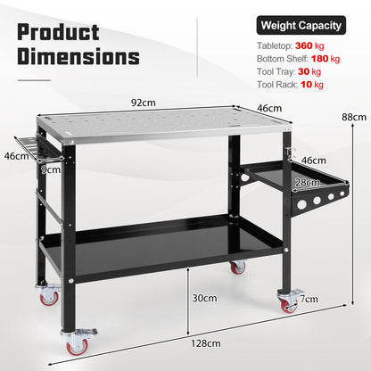 Welding Table Workbench on Wheels with Tool Rack and Tray-Black
