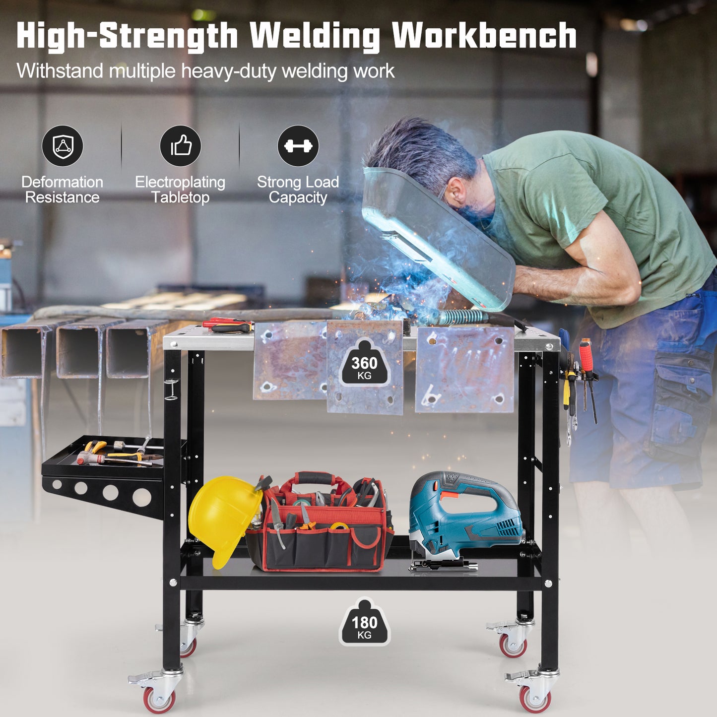 Welding Table Workbench on Wheels with Tool Rack and Tray-Black