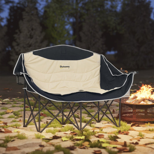 Outsunny Double Camping Chair for Adults, Oversized Heavy Duty Padded Folding Chair with Armrests, Cup Holders and Carry Bag for Outdoor Camping Hiking Picnic Fishing, 250kg Capacity, Khaki