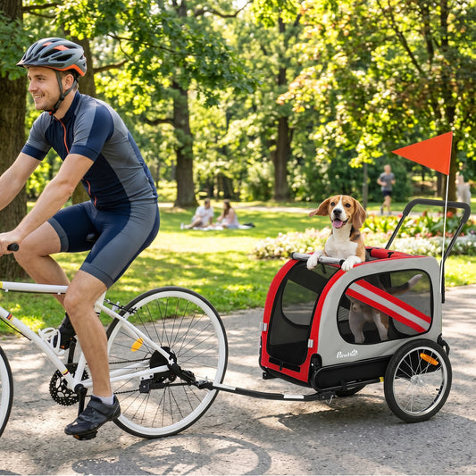 PawHut 2-In-1 Dog Bike Trailer Pet Stroller with Universal Wheel Reflector Flag Red