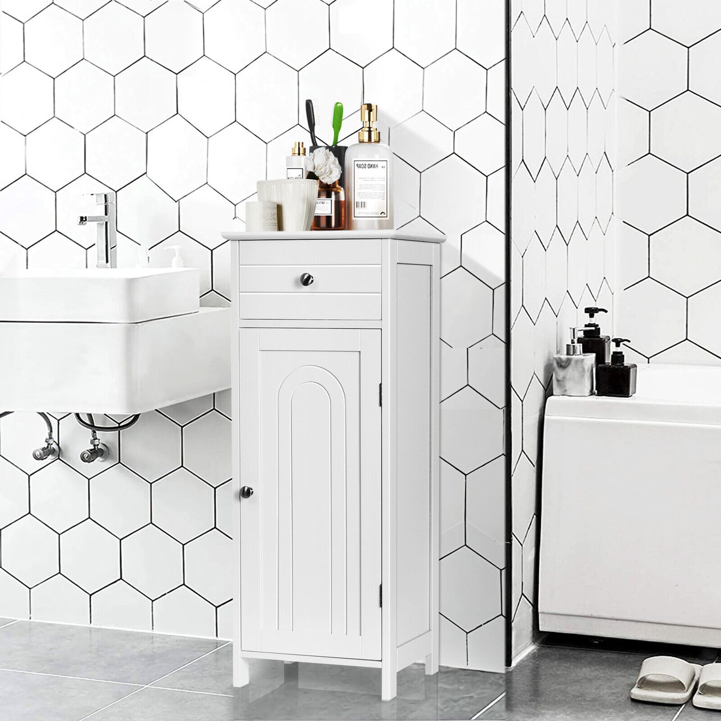 1-Door Freestanding Bathroom Storage Cabinet with Drawer and Adjustable Shelves-White