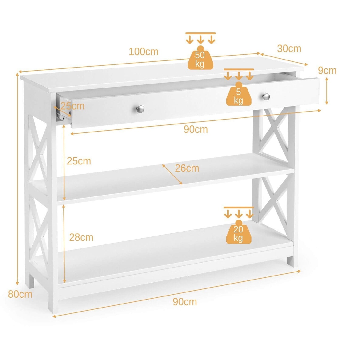 3-Tier Console Table with 1 Drawer and 2 Storage Shelves-White