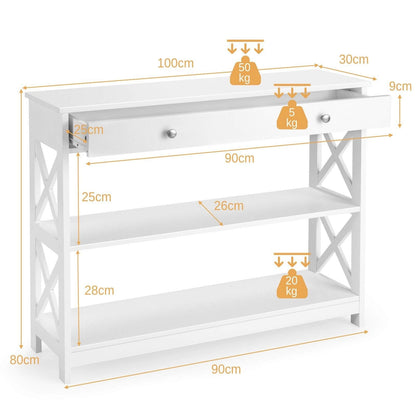 3-Tier Console Table with 1 Drawer and 2 Storage Shelves-White