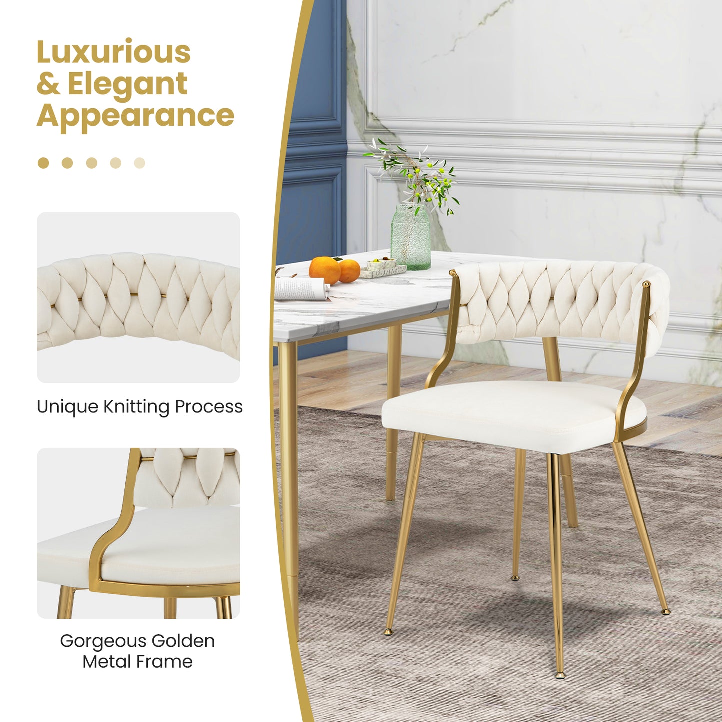 Set of 2 Velvet Dining Chair with Metal Legs and Woven Back-White