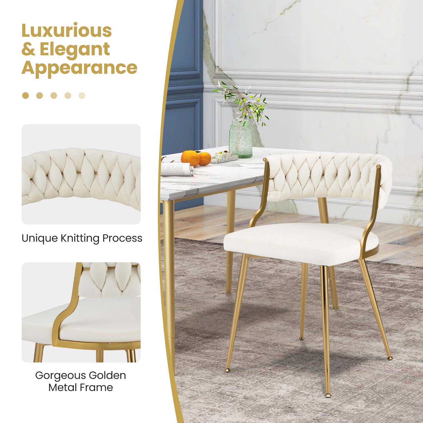 Set of 2 Velvet Dining Chair with Metal Legs and Woven Back-White