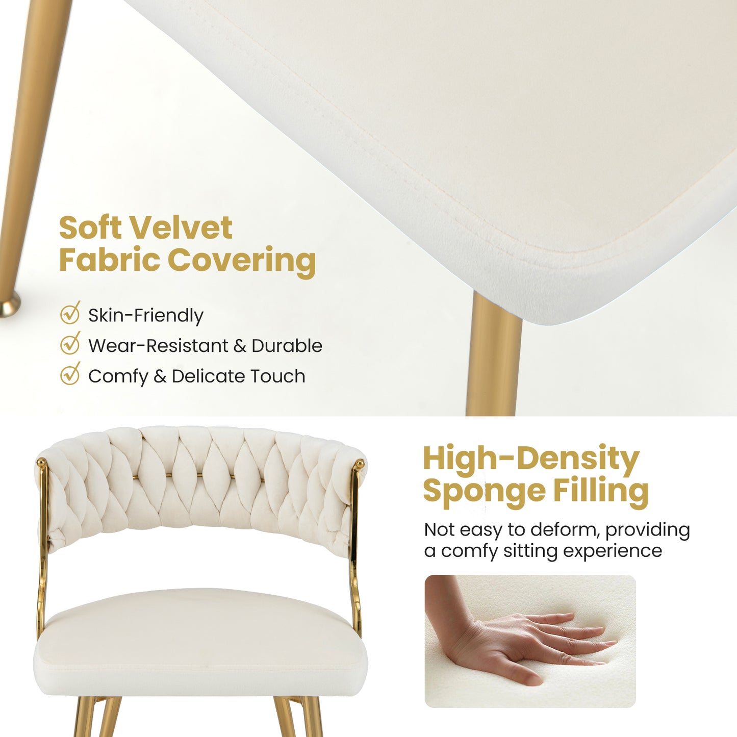 Set of 2 Velvet Dining Chair with Metal Legs and Woven Back-White