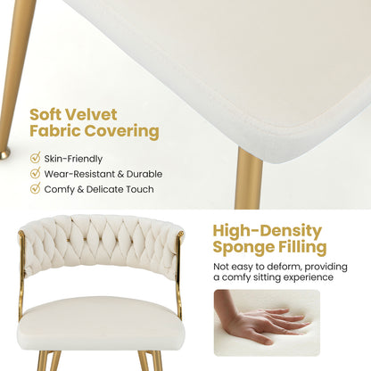 Set of 2 Velvet Dining Chair with Metal Legs and Woven Back-White