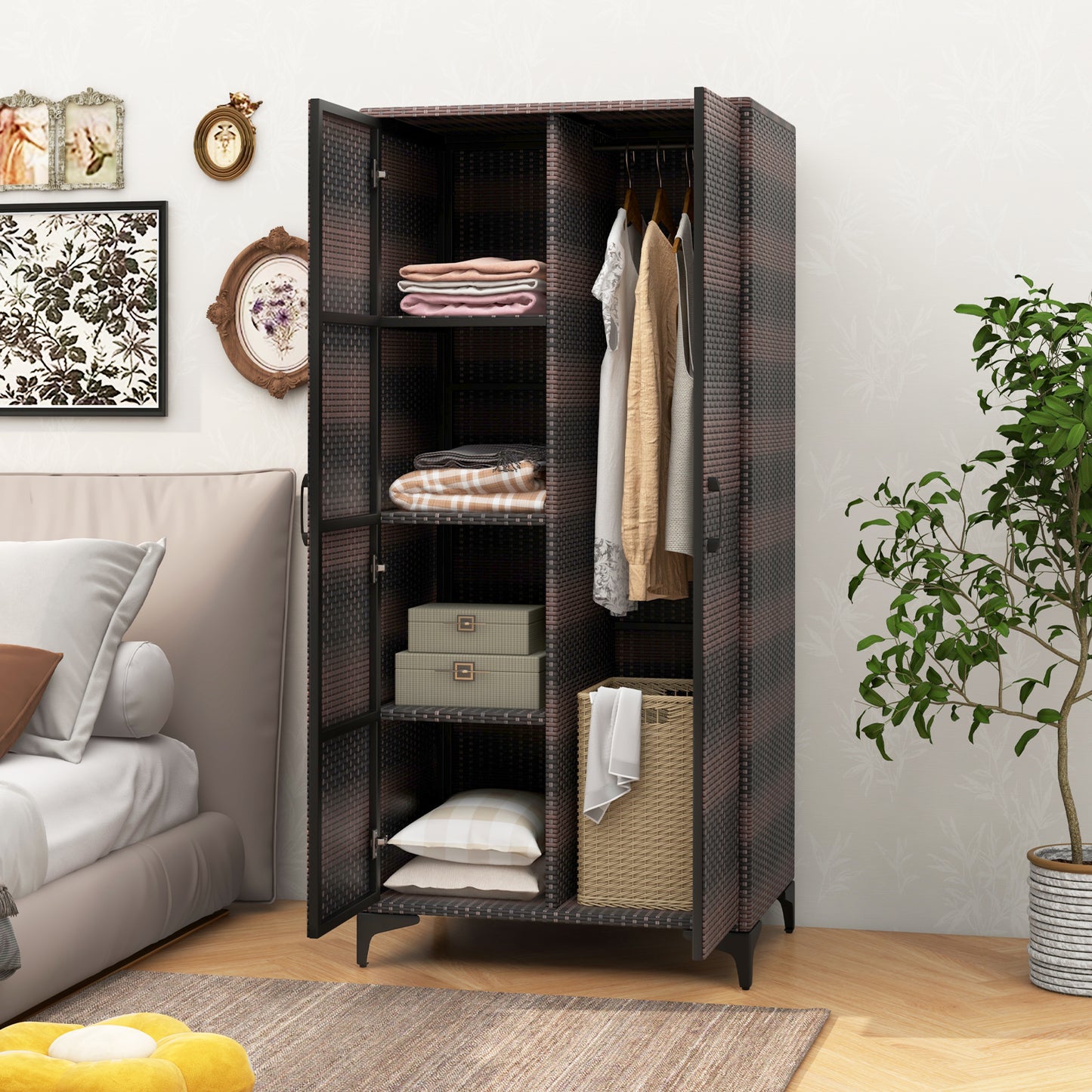PE Rattan Wardrobe Armoire Closet with Hanging Rod and 4 Storage Cubes for Home Patio Garage-Brown