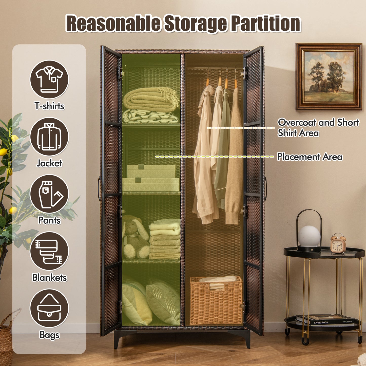 PE Rattan Wardrobe Armoire Closet with Hanging Rod and 4 Storage Cubes for Home Patio Garage-Brown