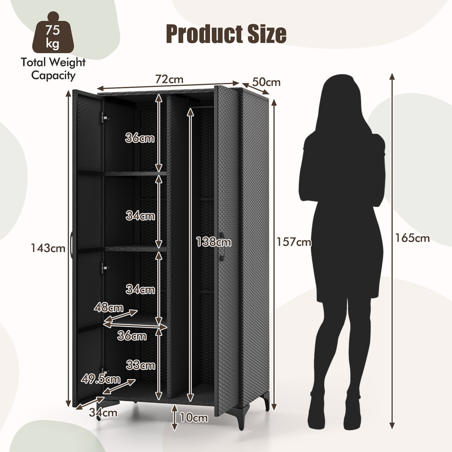 PE Rattan Wardrobe Armoire Closet with Hanging Rod and 4 Storage Cubes for Home Patio Garage-Black
