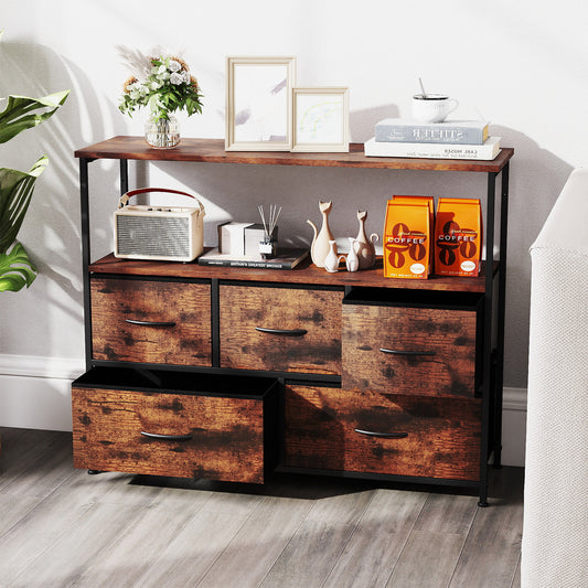 Wide Chest of Drawers with 2 Open Shelves and Heavy Duty Metal Frame-Rustic Brown
