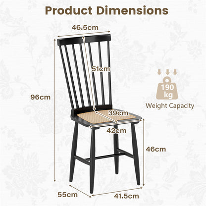 Windsor Dining Chair Set of 2 with Spindle Back and PE Rattan Seat for Kitchen-Black