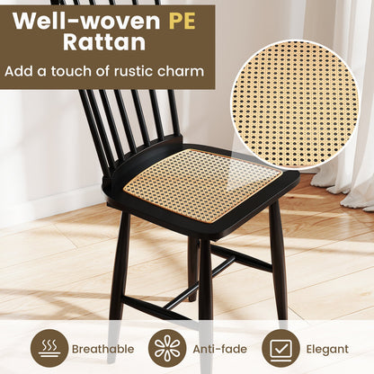 Windsor Dining Chair Set of 2 with Spindle Back and PE Rattan Seat for Kitchen-Black
