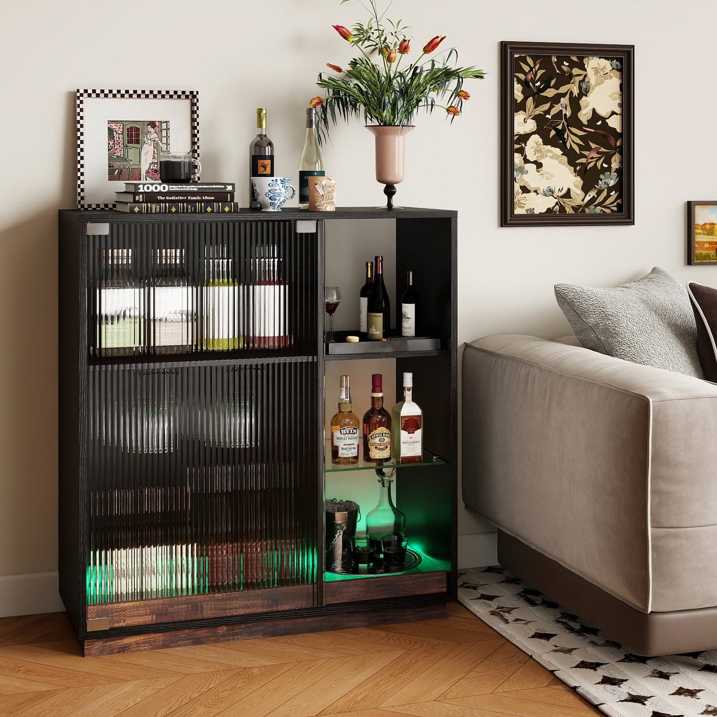 Wine Bar Cabinet with LED Lights & Glass Racks for Living Room Dining Room-Black