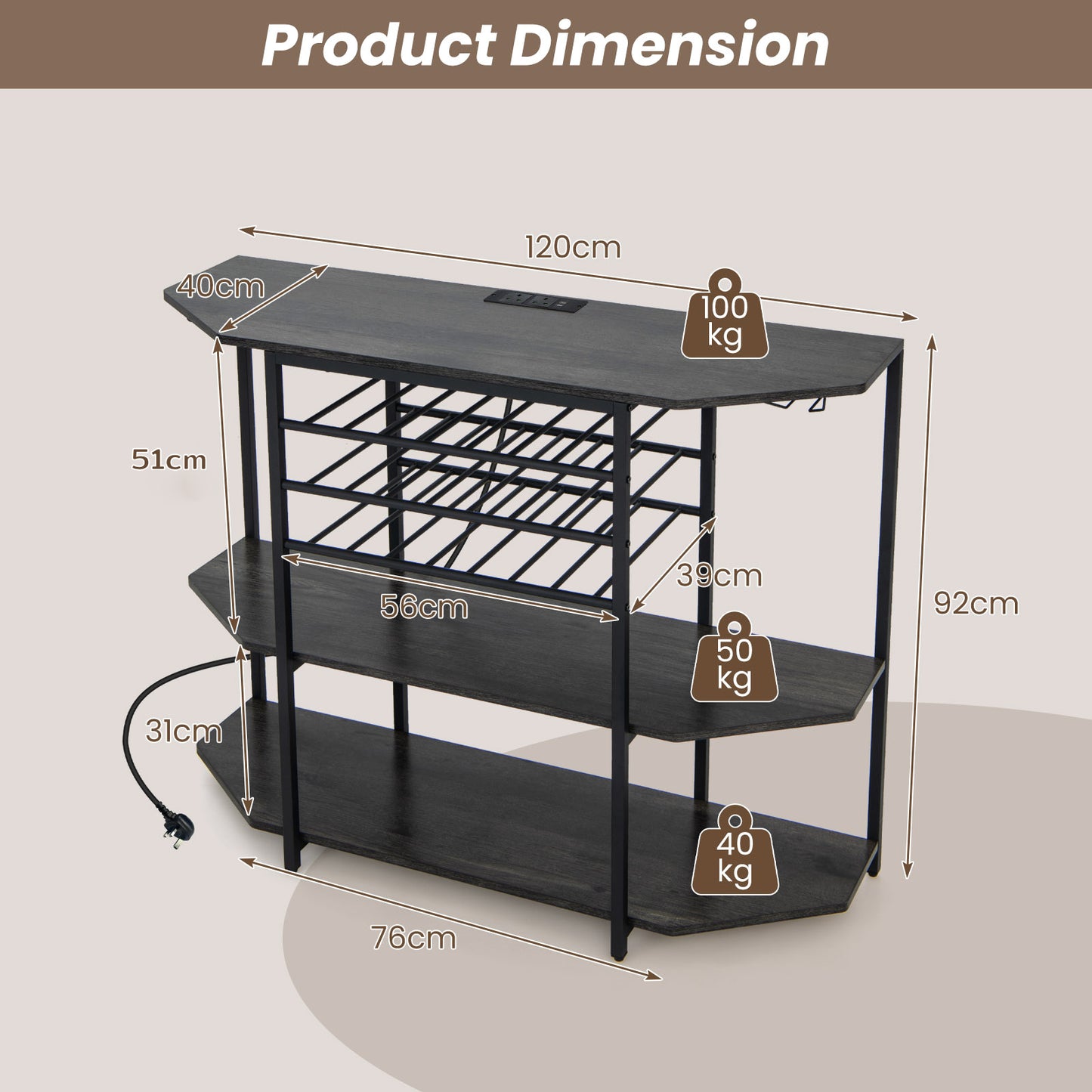 Wine Bar Cabinet 3-Tier Wine Rack with Shelves and Glass Holders-Grey