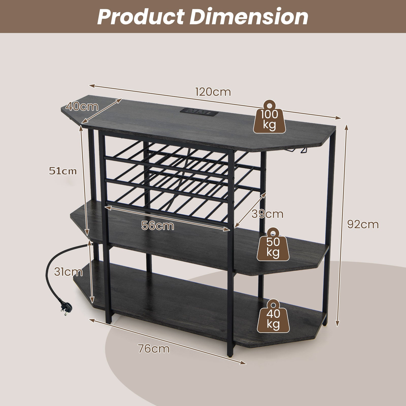 Wine Bar Cabinet 3-Tier Wine Rack with Shelves and Glass Holders-Grey