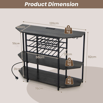 Wine Bar Cabinet 3-Tier Wine Rack with Shelves and Glass Holders-Grey