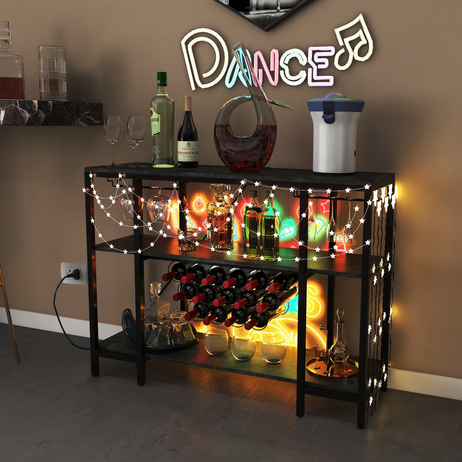Wine Bar Cabinet Wine Rack with Bottle Racks and Storage Shelves-Grey