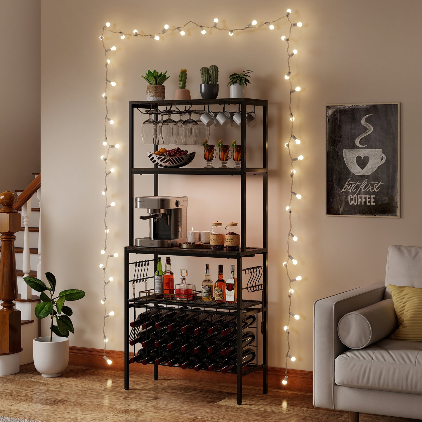 Wine Organizer with Power Outlet Multi-Tier Bakers Rack with Glass-Grey