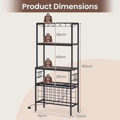 Wine Organizer with Power Outlet Multi-Tier Bakers Rack with Glass-Grey