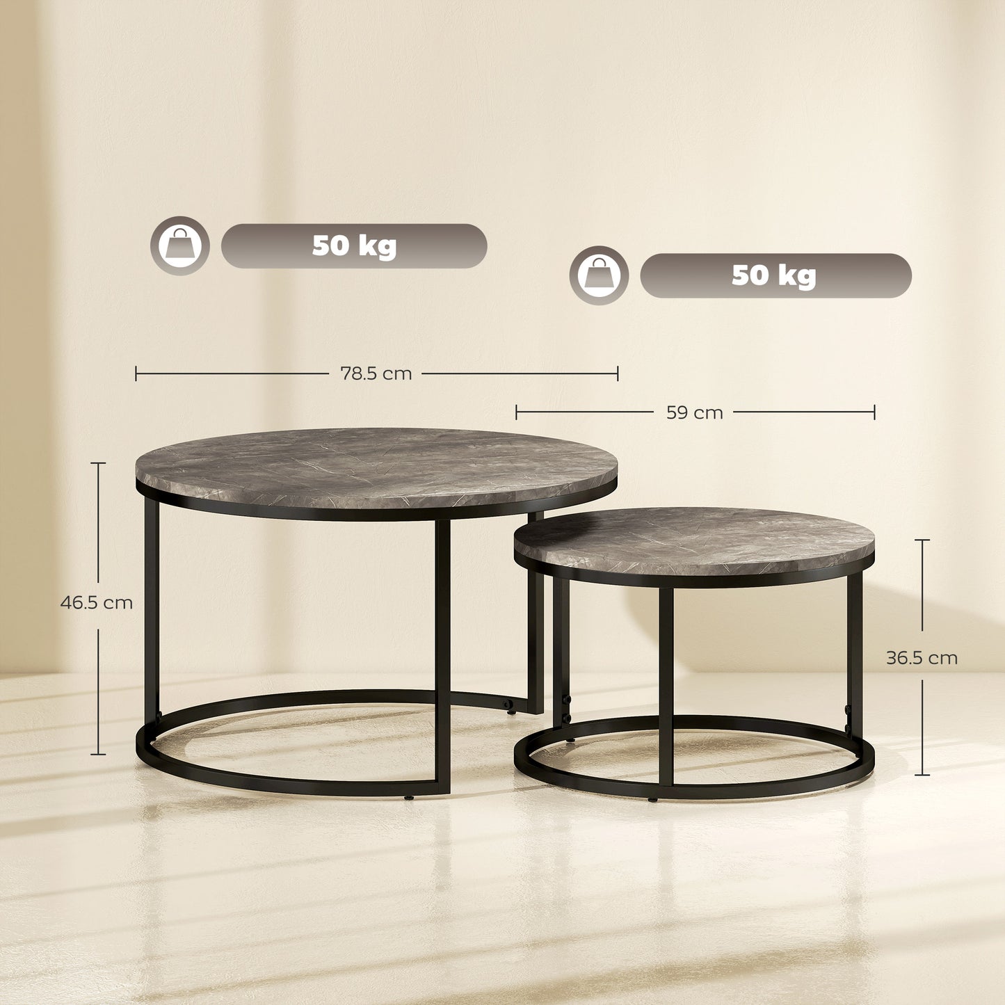 HOMCOM Industrial Nesting Coffee Table Set of 2, Round Coffee Tables, Living Room Table with Faux Marbled Top and Steel Frame