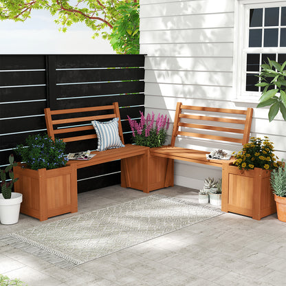Wood Outdoor Planter Box with Bench Garden Seat with 2 Flower Boxes and Backrest